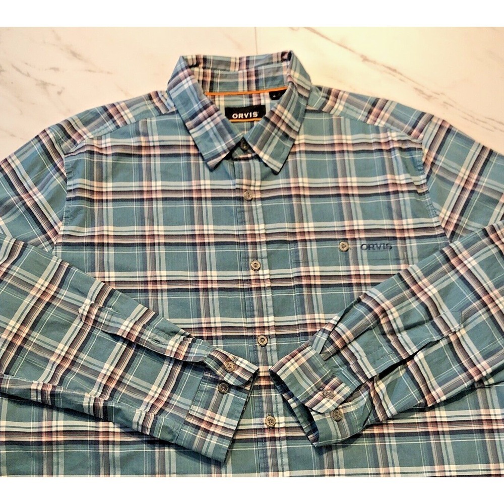Orvis Men's Long Sleeve Button Down Collar Plaid Check Shirt Green Blue Size L